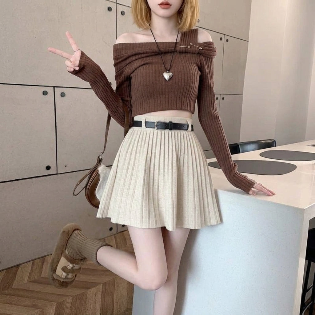 kawaii knit pleated mini skirt apricot cream high waist belt detail preppy harajuku style