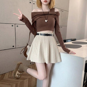 kawaii knit pleated mini skirt apricot cream high waist belt detail preppy harajuku style