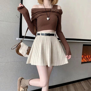 kawaii knit pleated mini skirt apricot cream high waist preppy harajuku outfit front view
