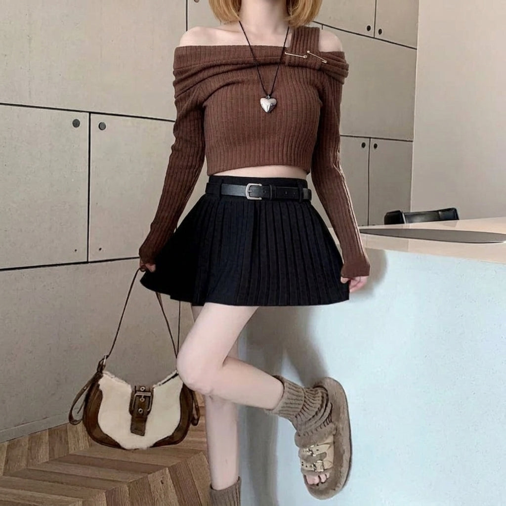 kawaii knit pleated mini skirt black high waist belt harajuku preppy outfit leaning pose