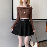 kawaii knit pleated mini skirt black high waist preppy harajuku belt detail close up view
