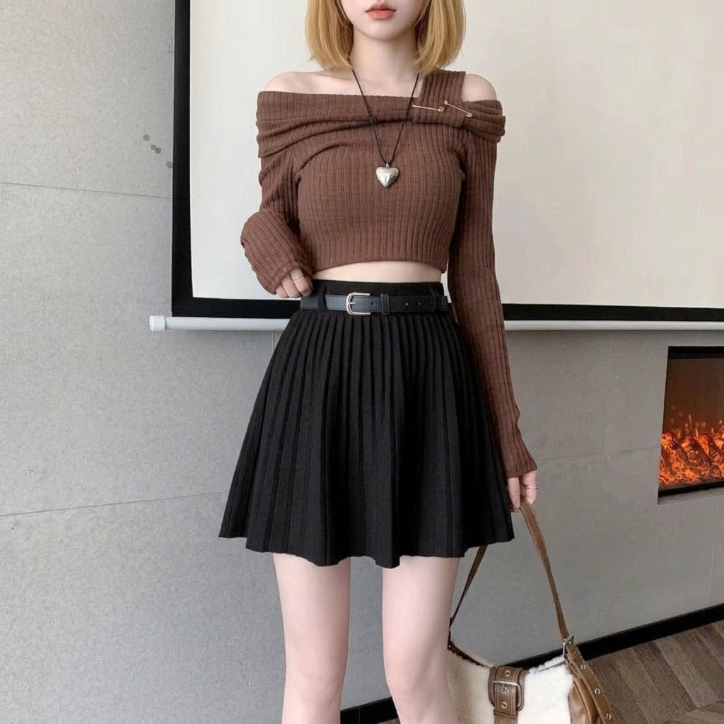 kawaii knit pleated mini skirt black high waist belt preppy harajuku outfit front view