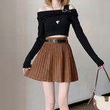 kawaii knit pleated mini skirt coffee brown high waist belt preppy harajuku outfit standing view