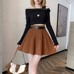 kawaii knit pleated mini skirt coffee brown high waist preppy harajuku outfit full length view