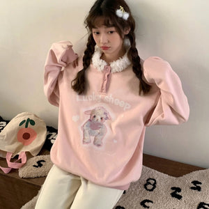kawaii pink oversized sweatshirt fluffy plush collar button detail sheep print