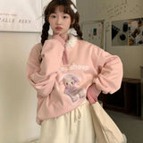 kawaii pink sweatshirt lucky sheep cartoon print fluffy collar front view
