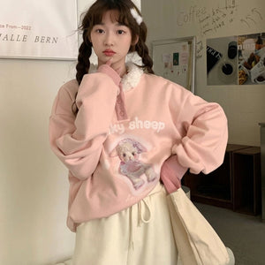kawaii pink sweatshirt lucky sheep cartoon print fluffy collar front view