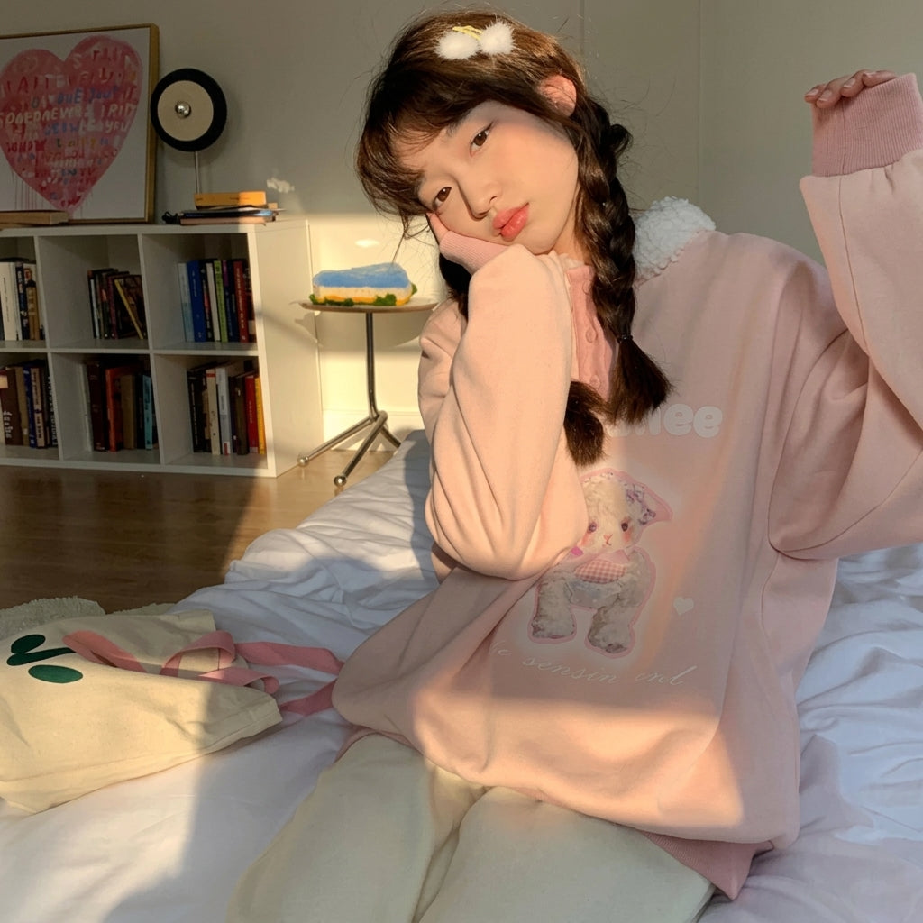 kawaii pastel pink sweatshirt lucky sheep print fluffy collar lifestyle cozy