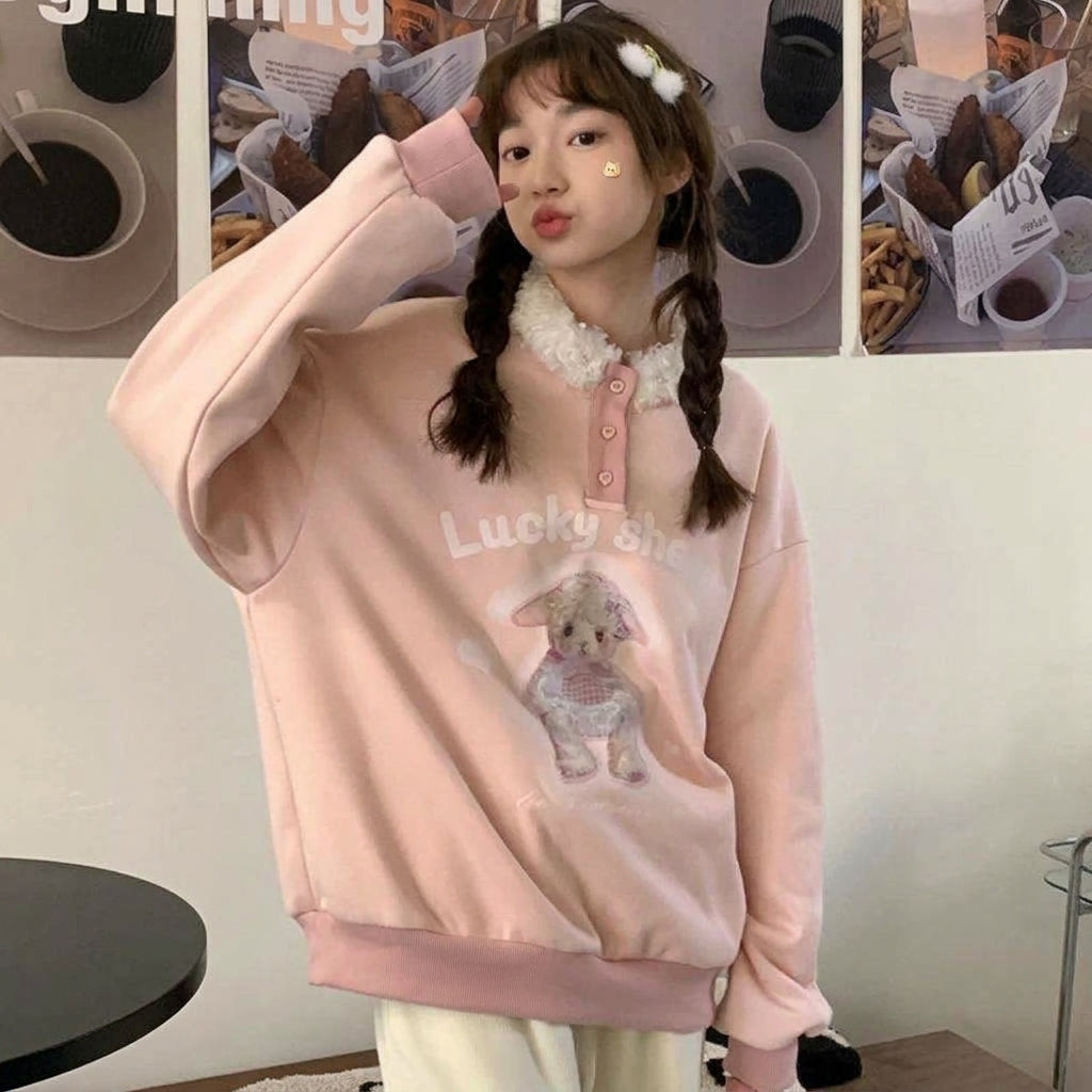 kawaii pink oversized pullover sweatshirt fluffy collar sheep cartoon print front