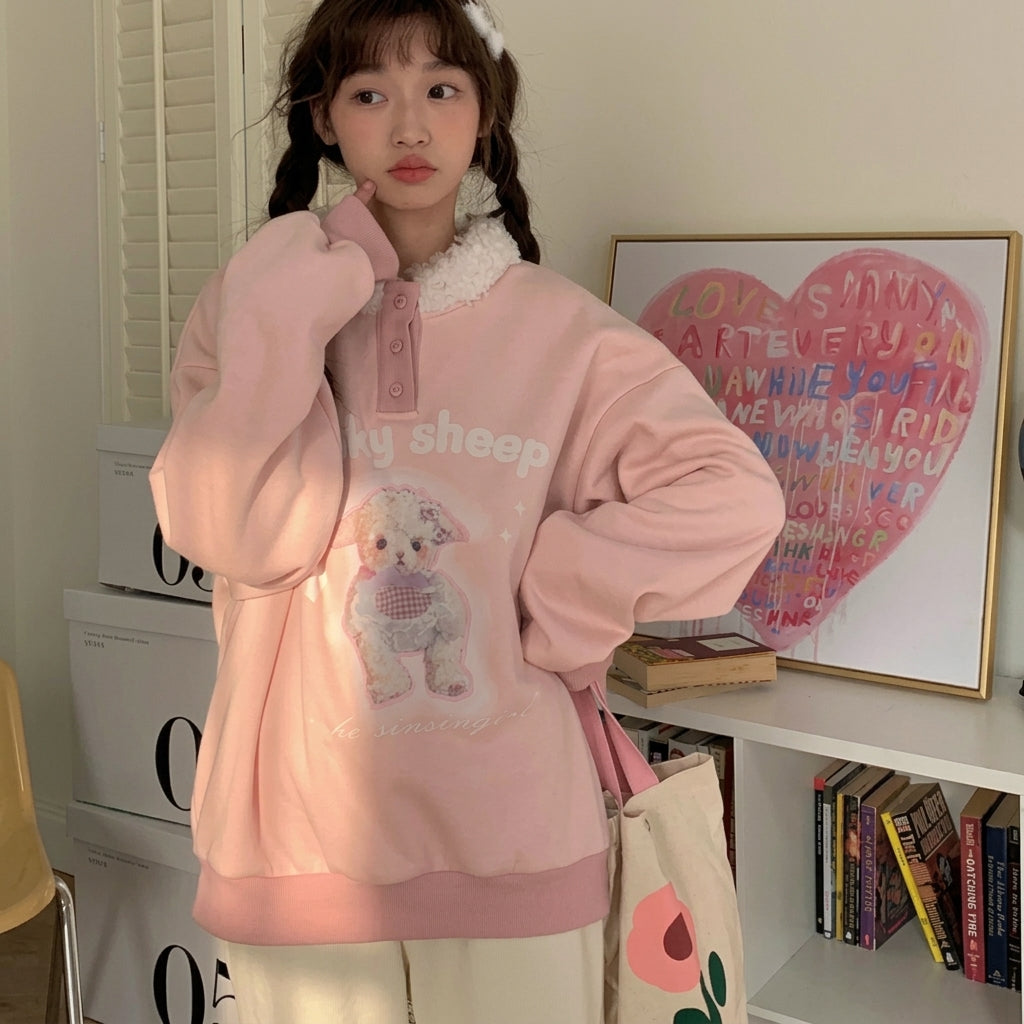 kawaii pink sweatshirt lucky sheep graphic oversized fit side view harajuku