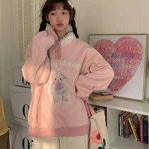 kawaii pink sweatshirt lucky sheep graphic oversized fit side view harajuku