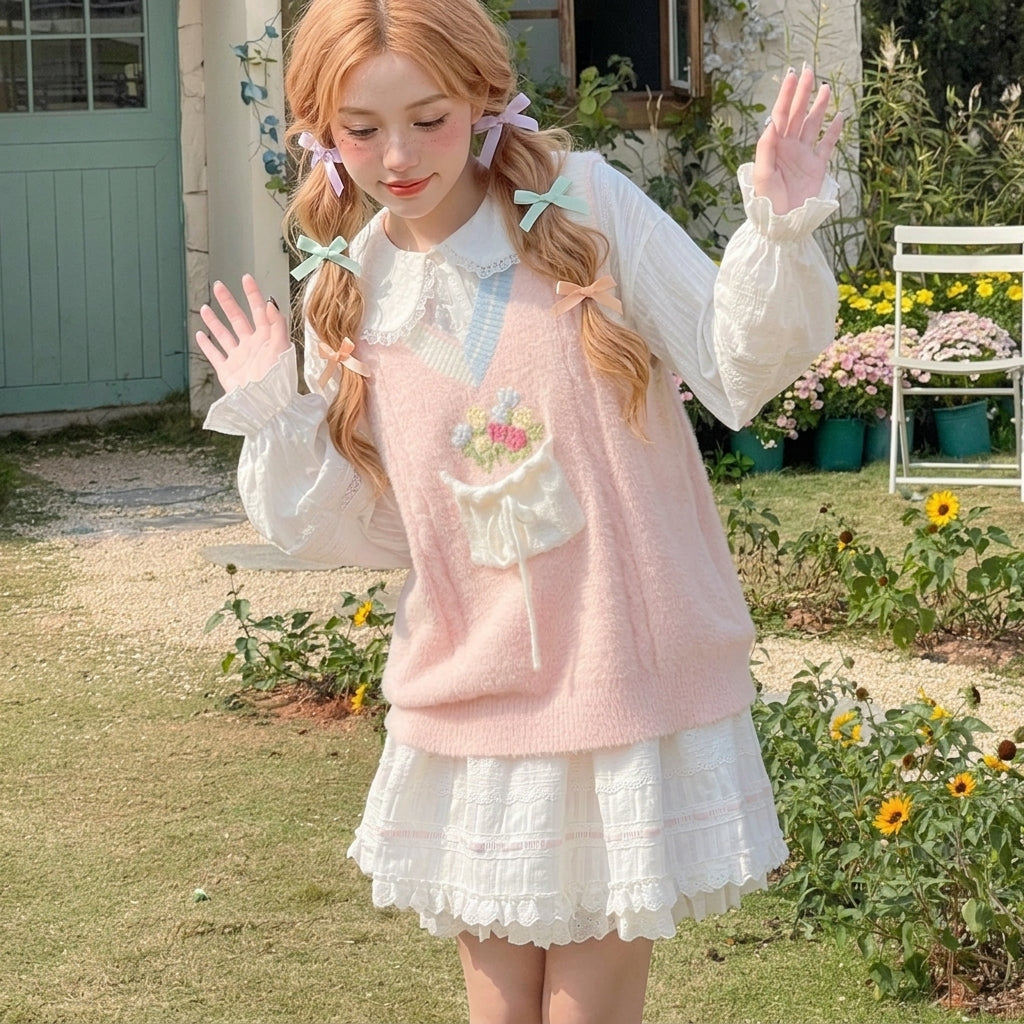 kawaii pink floral bouquet knit sweater vest sweet lolita outfit full front view model garden