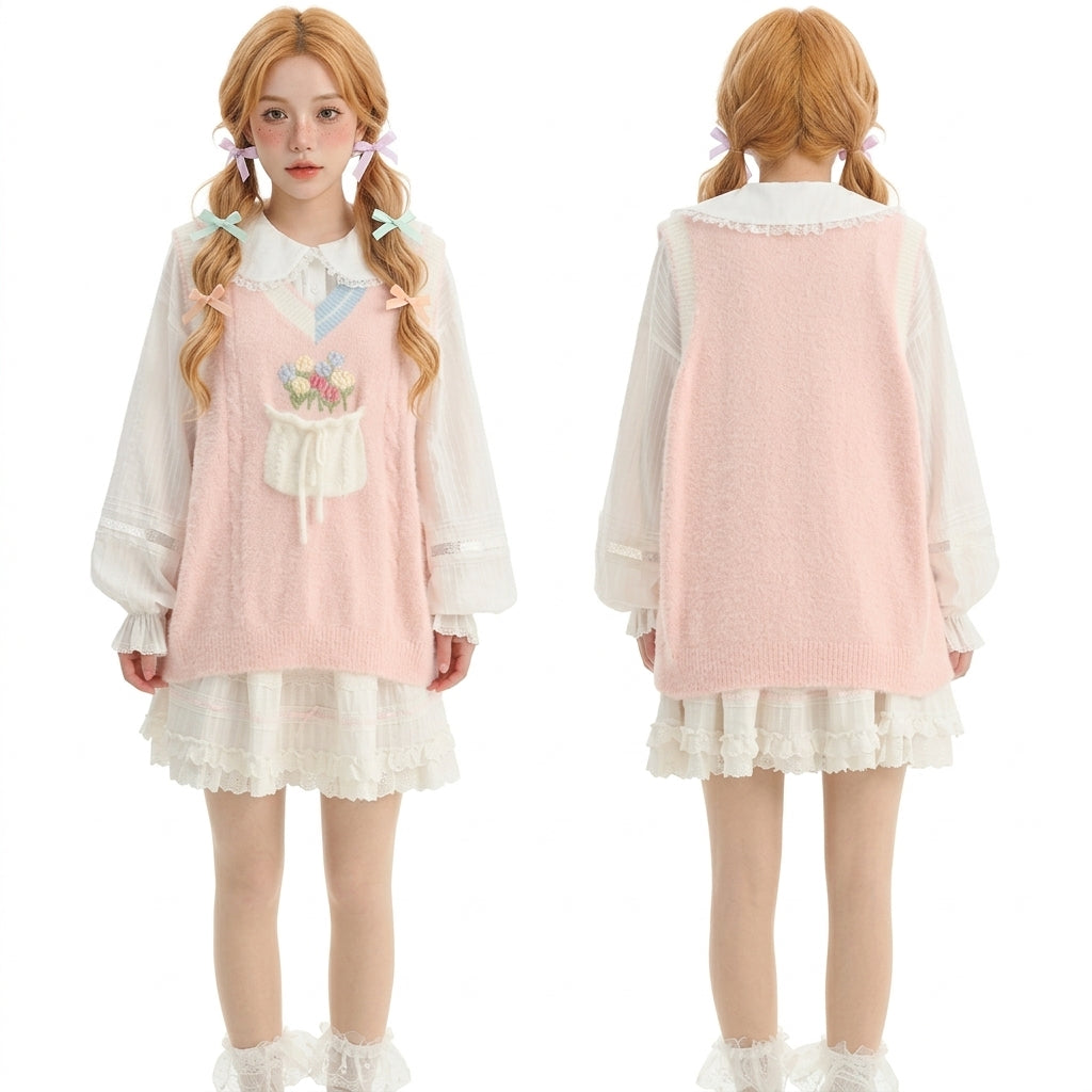 kawaii pink floral sweater vest front and back view white background harajuku fashion