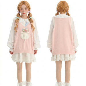 kawaii pink floral sweater vest front and back view white background harajuku fashion