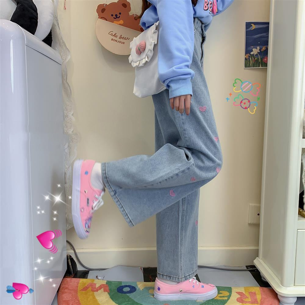 Pink Heart Embroidered Jeans