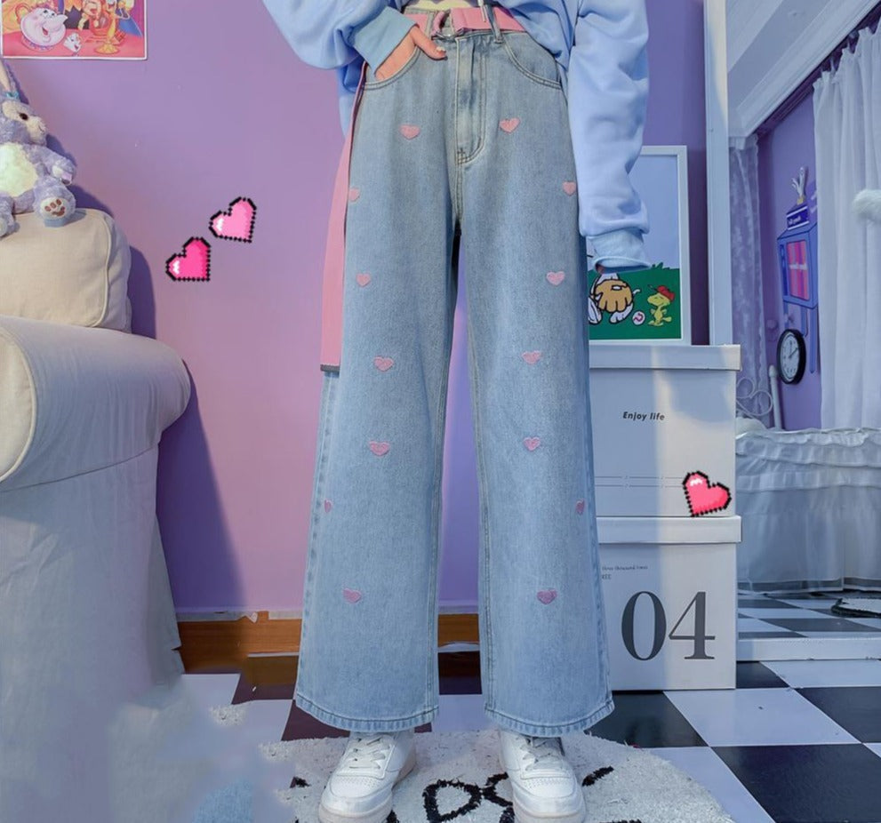 Pink Heart Embroidered Jeans