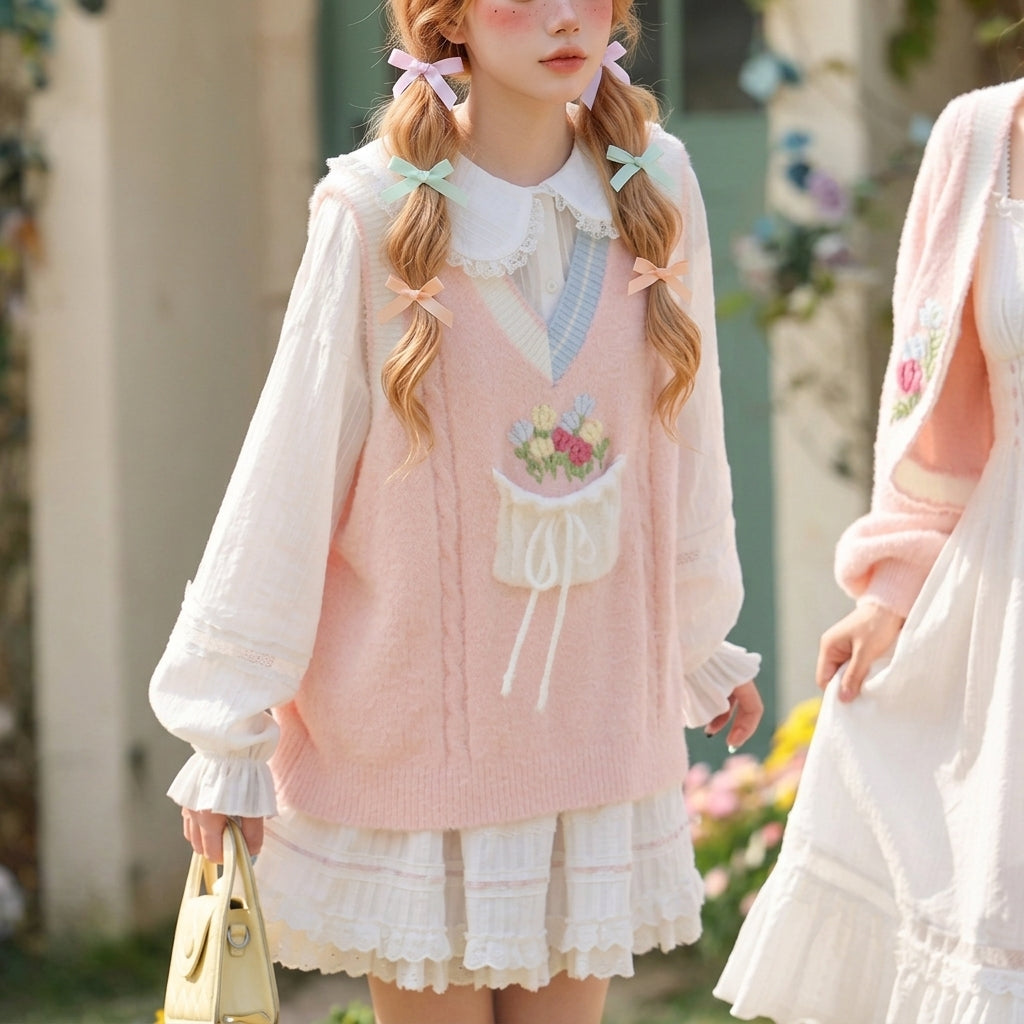 kawaii pink knit vest floral bouquet pocket pastel cottagecore style three quarter view