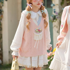 kawaii pink knit vest floral bouquet pocket pastel cottagecore style three quarter view