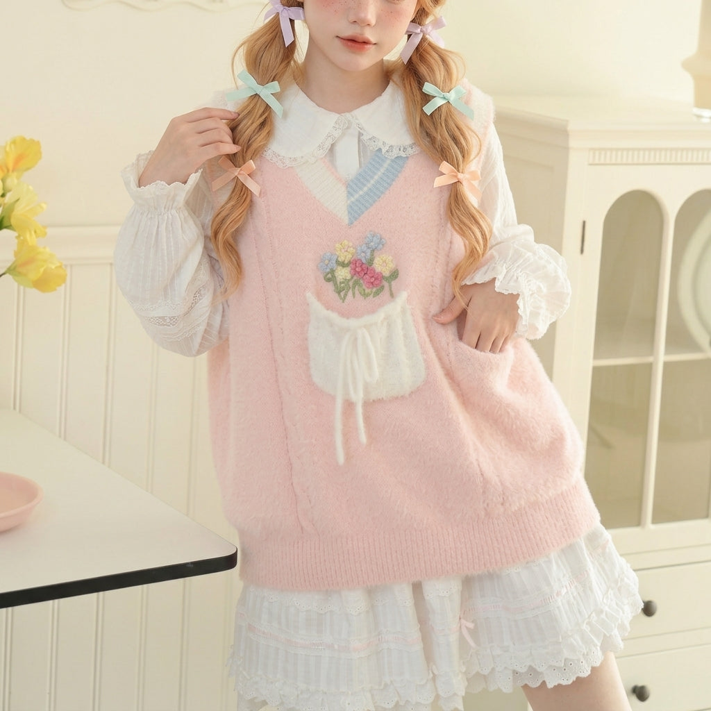 kawaii pink knit sweater vest pastel blue v-neck trim sweet lolita layered look indoor