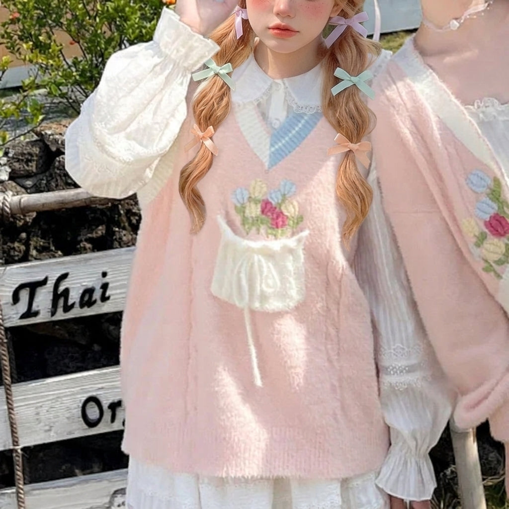 kawaii pink sweater vest 3D floral embroidery bow pocket close-up detail harajuku style