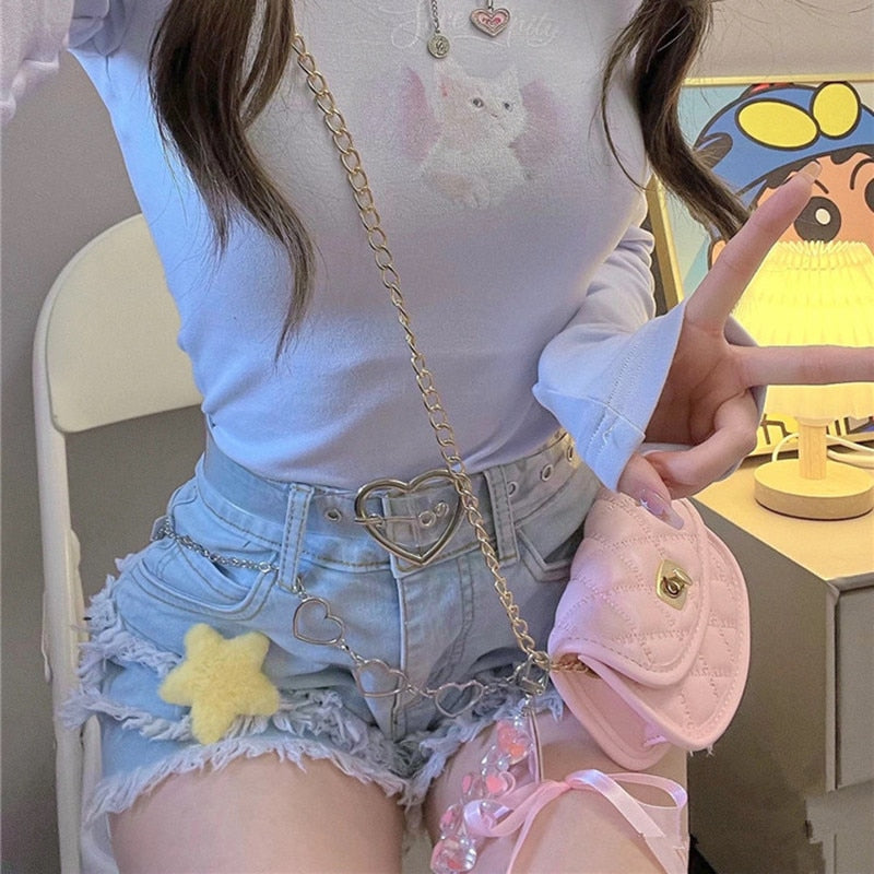Frilly Denim Star Shorts And Chain